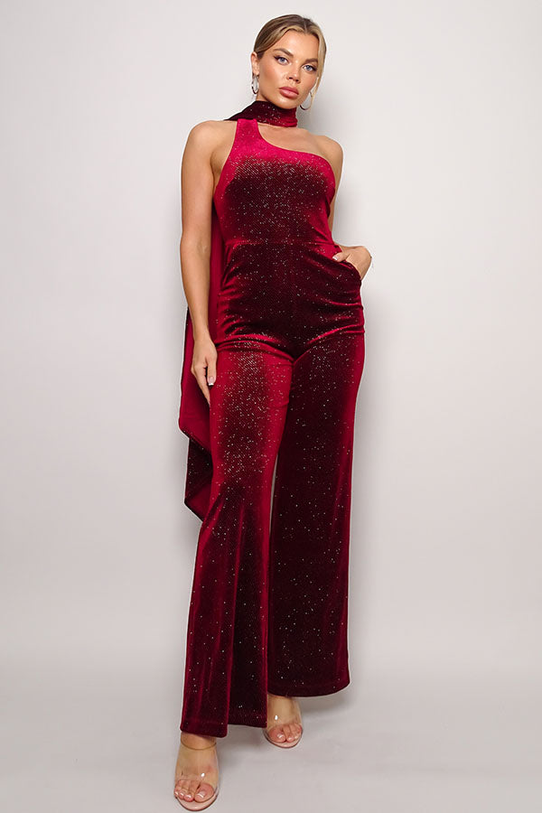 Women's Scarf Top Glitter Velvet Jumpsuit