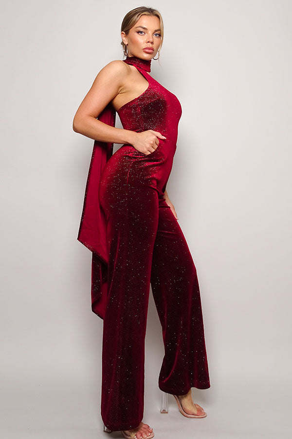 Women's Scarf Top Glitter Velvet Jumpsuit