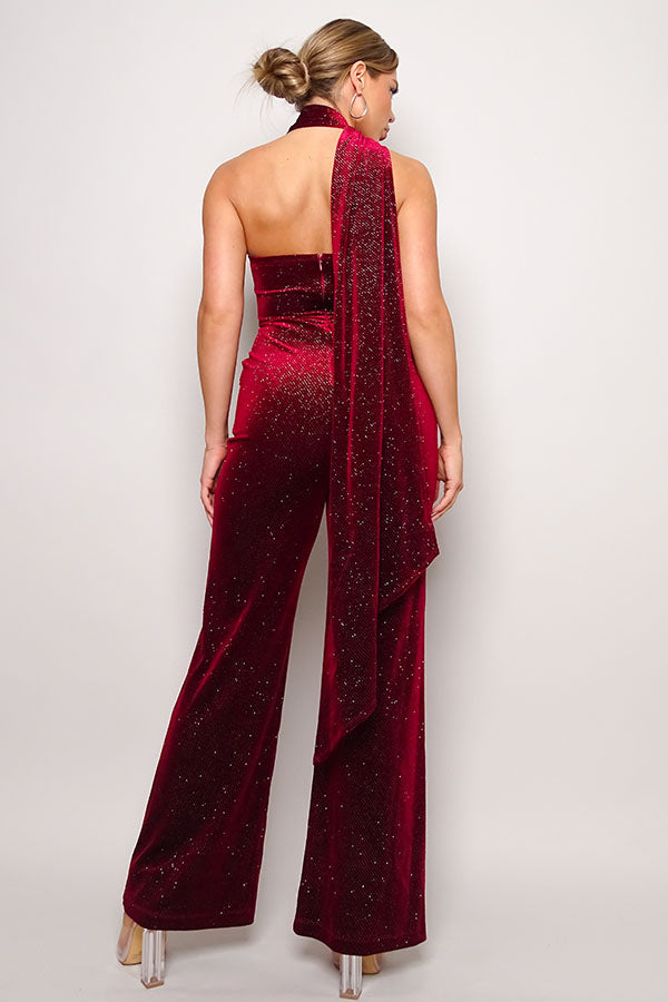 Women's Scarf Top Glitter Velvet Jumpsuit