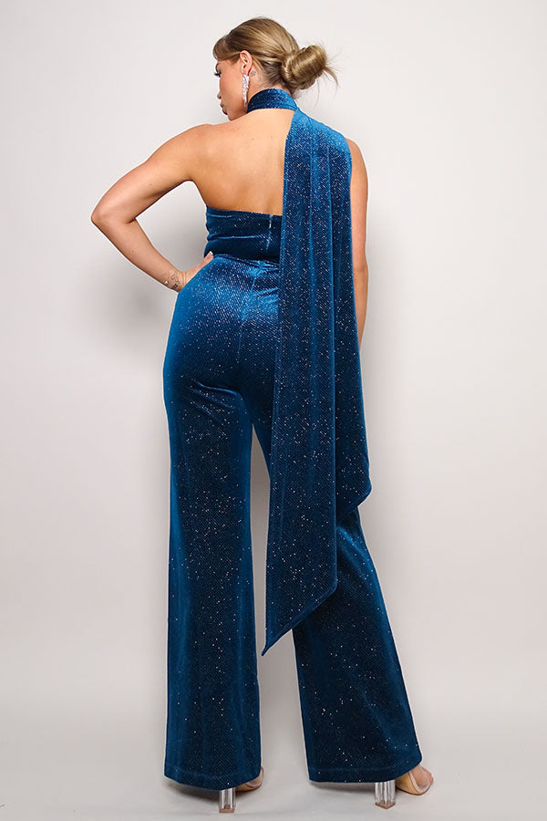 Women's Scarf Top Glitter Velvet Jumpsuit