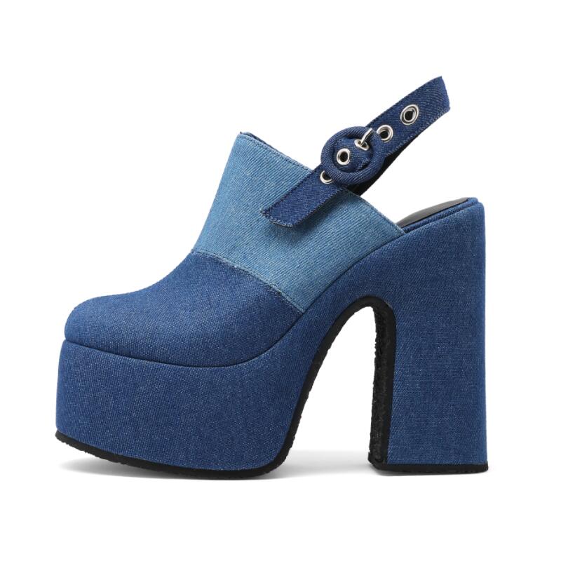 Big Size 34-48 Summer Fashion Splice Denim Mueller Pumps Thick High Heel Platform Round Head Slippers Sandal Women's Shoes Blue