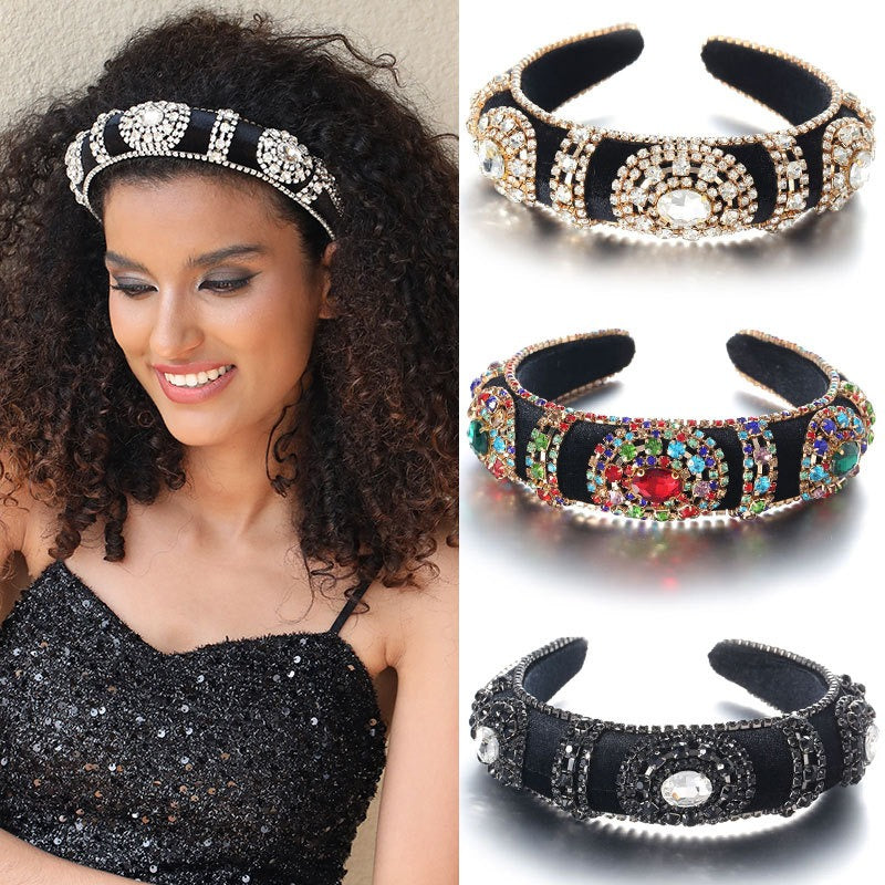 Fashionable retro golden velvet hair hoop with super sparkling color rhinestone sponge head hoop