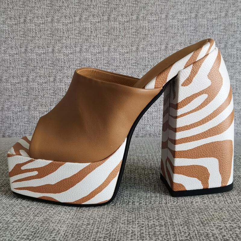 Women's sexy Muller shoes New brand thick high heel platform slipper Party sandals Stripe printing Fish mouth Pumps Big Size 43