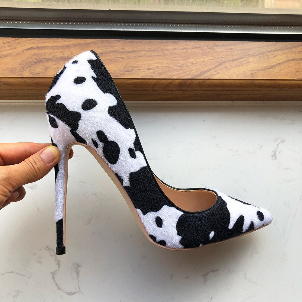 Tikicup Cow Print Women White Hairy Flock Pointy Toe High Heel Shoes Sexy Celebrity Ladies Slip On Stiletto Pumps for Party