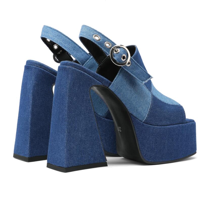 Big Size 34-48 Summer Sexy Splice Denim Thick High Heel Platform Sandal Fish Mouth Women's Shoes New Fashion Blue Pumps