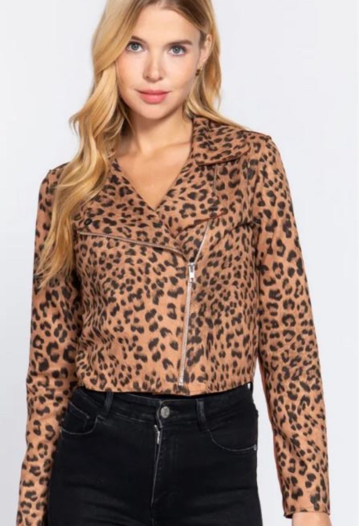 Women’s Leopard Print Faux Suede Biker Jacket