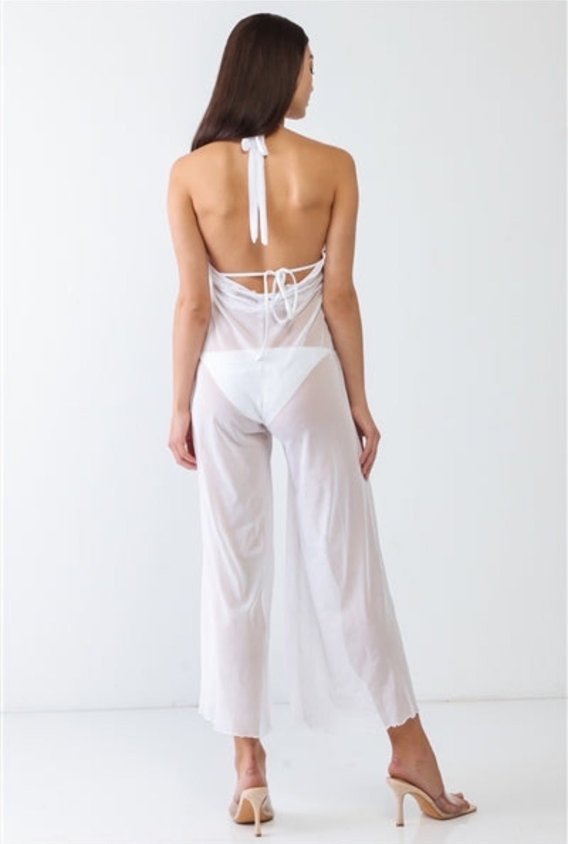 White V-Neck Sleeveless Wide Leg Sheer Jumpsuit Cover Up