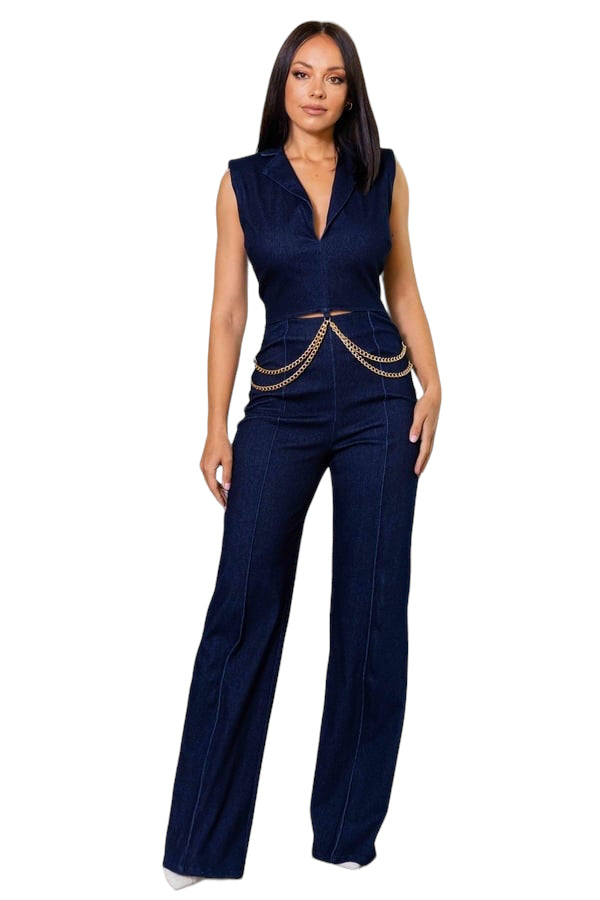 Denim stretch fashion jumpsuit