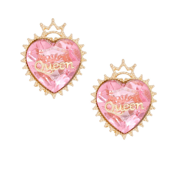 Gold Pink Queen Crystal Heart Studs