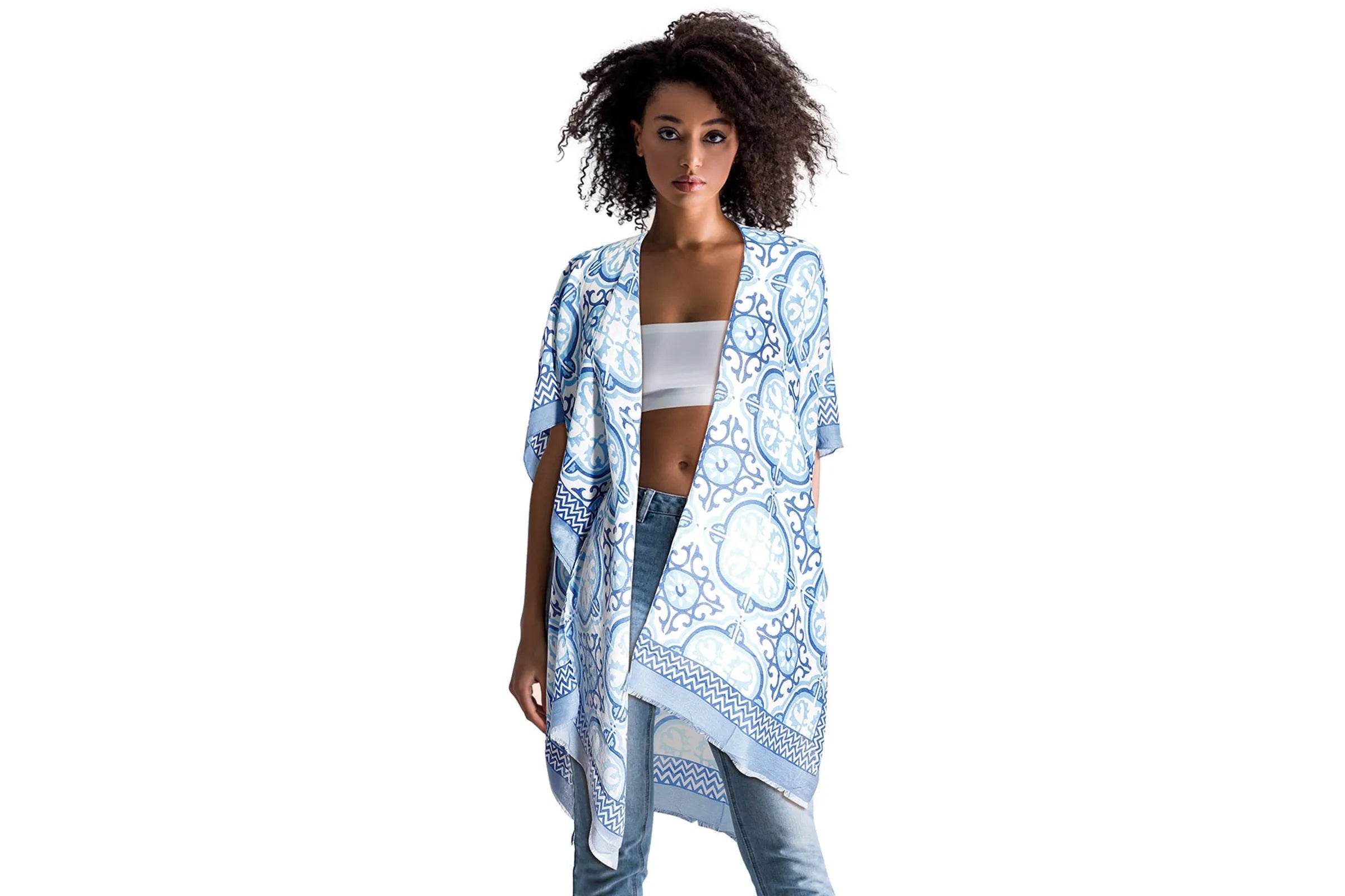 Blue Tile Print Kimono