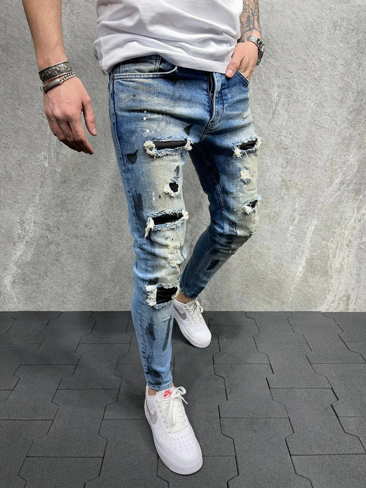 Men's Slim Fit Ripped Painted Skinny Jeans