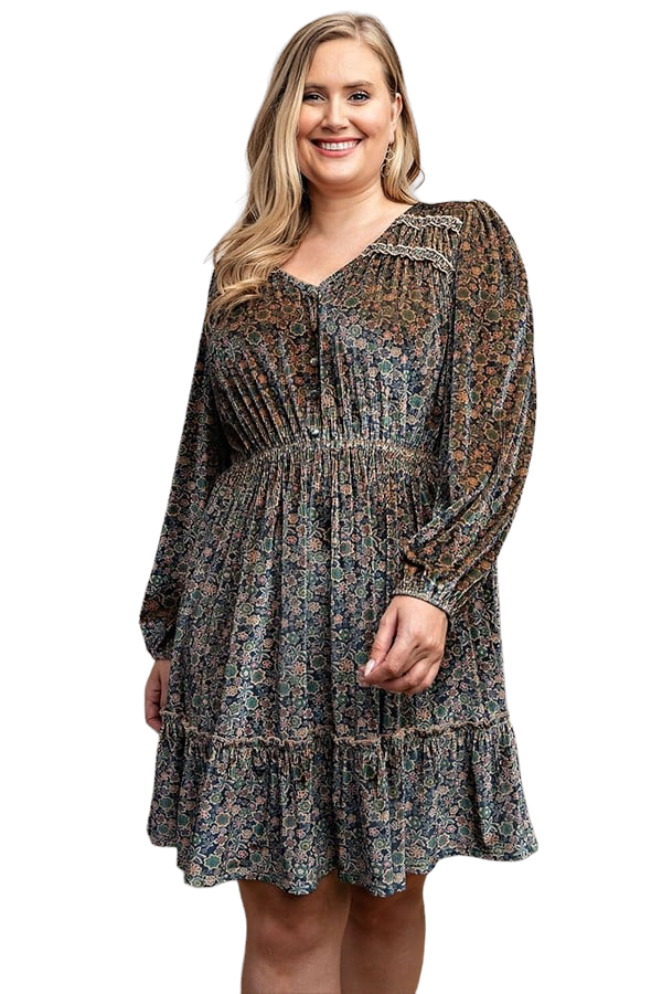 Printed velvet v-neck dress with button front detail