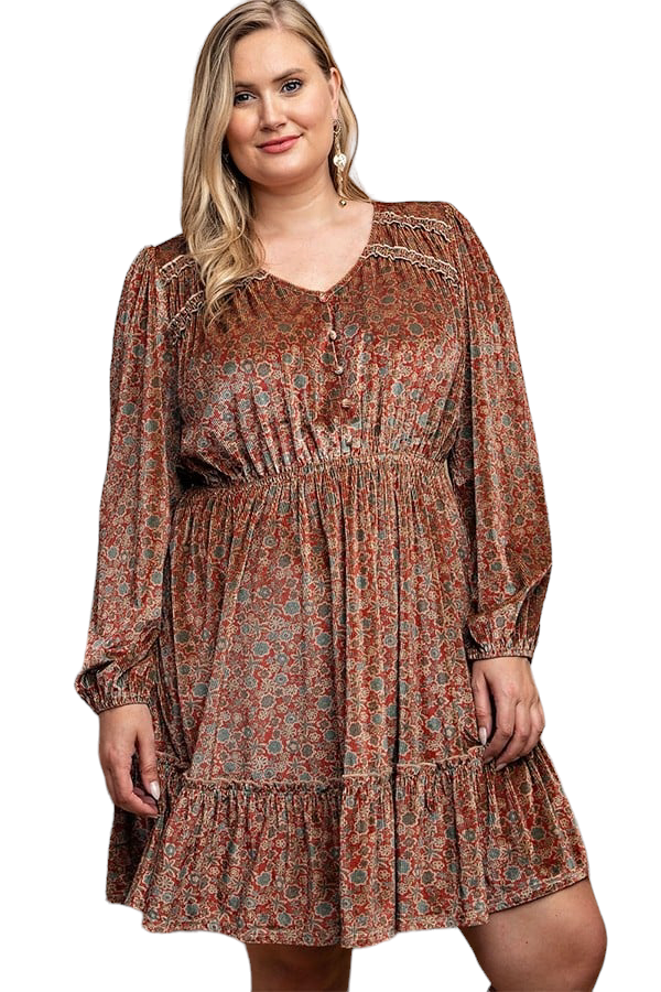 Printed velvet v-neck dress with button front detail