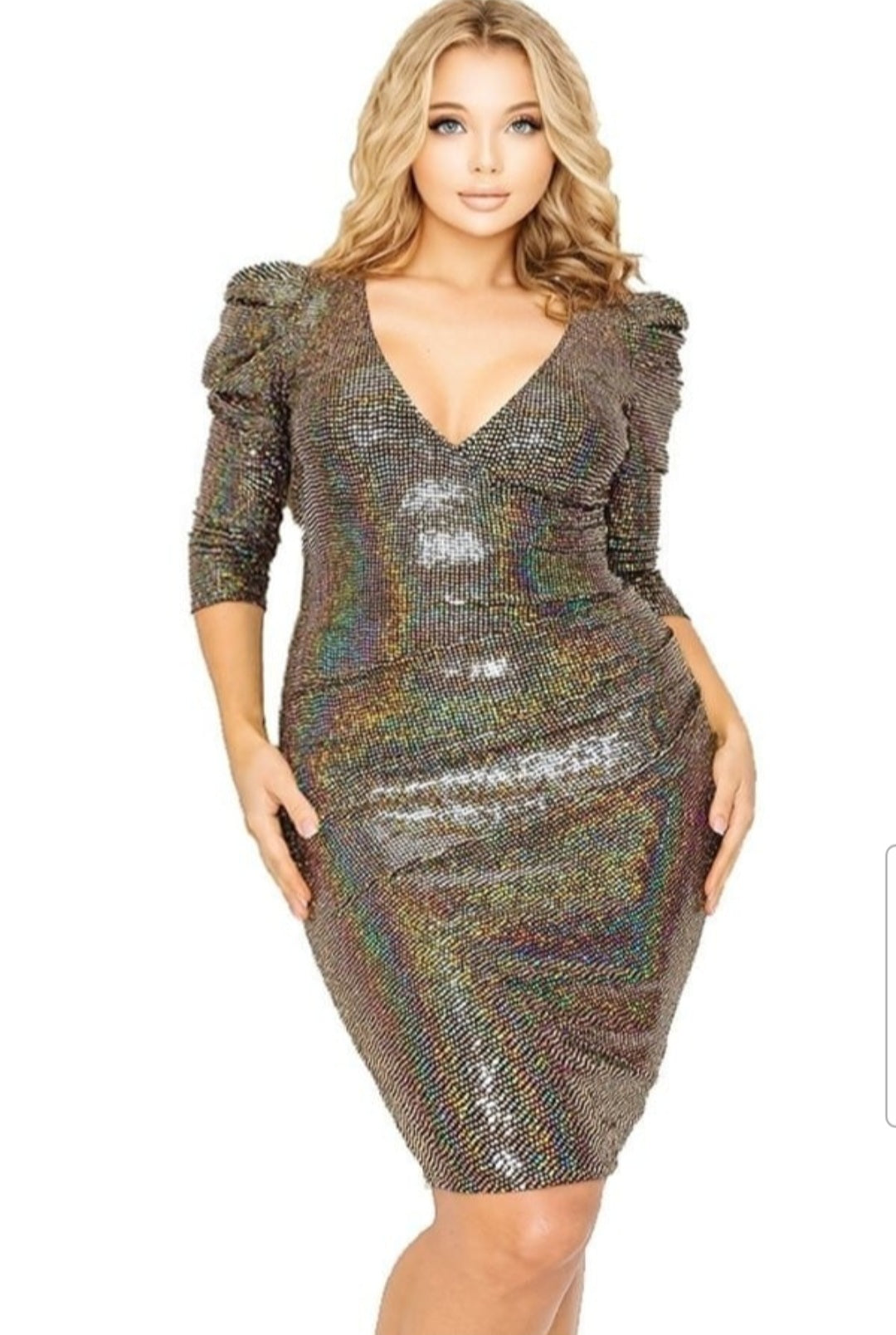 Women's Plus metallic sequins 3/4 puff sleeve midi dress