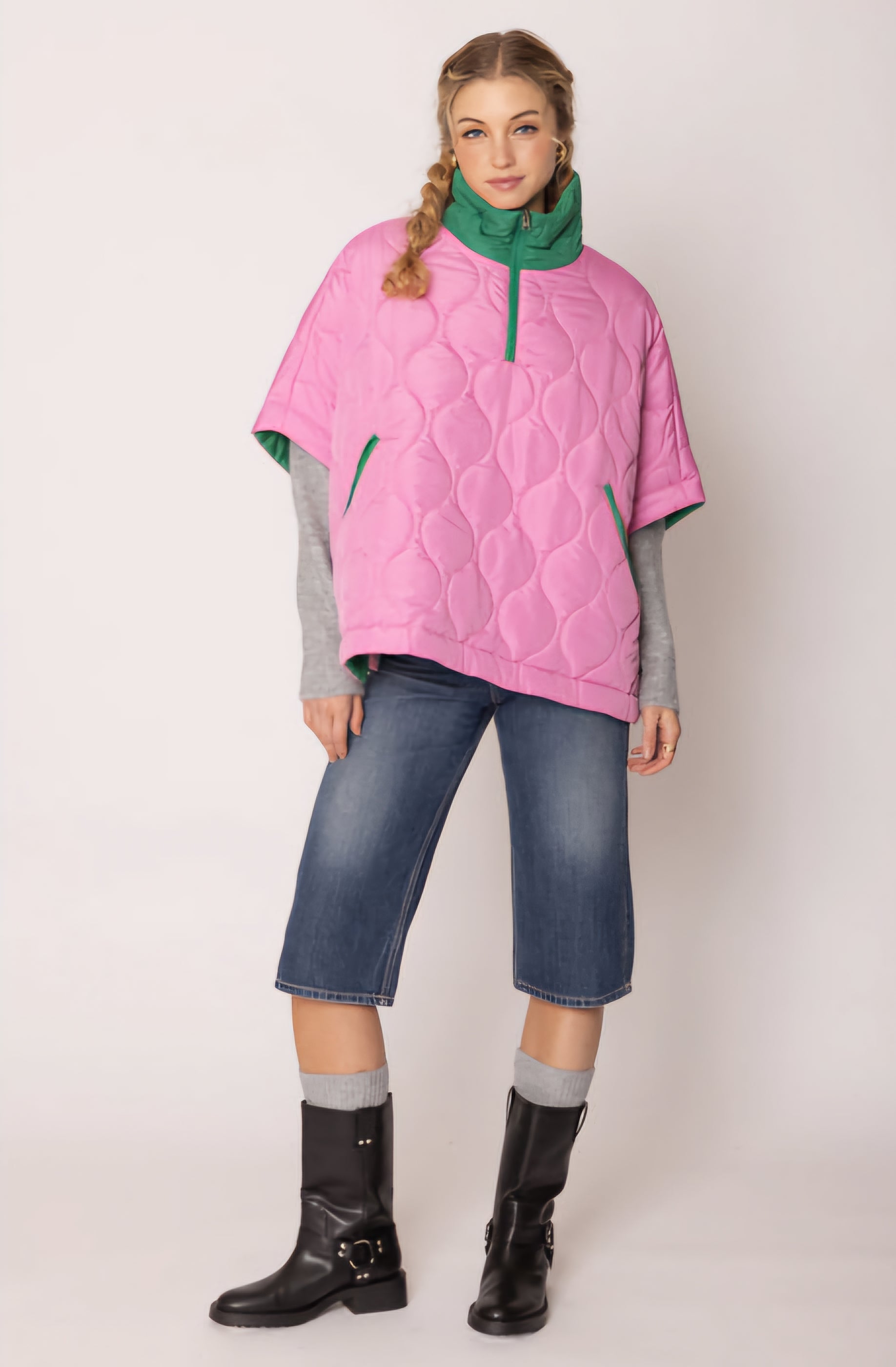 Sorority Quilted Puffer Pink and Green Poncho