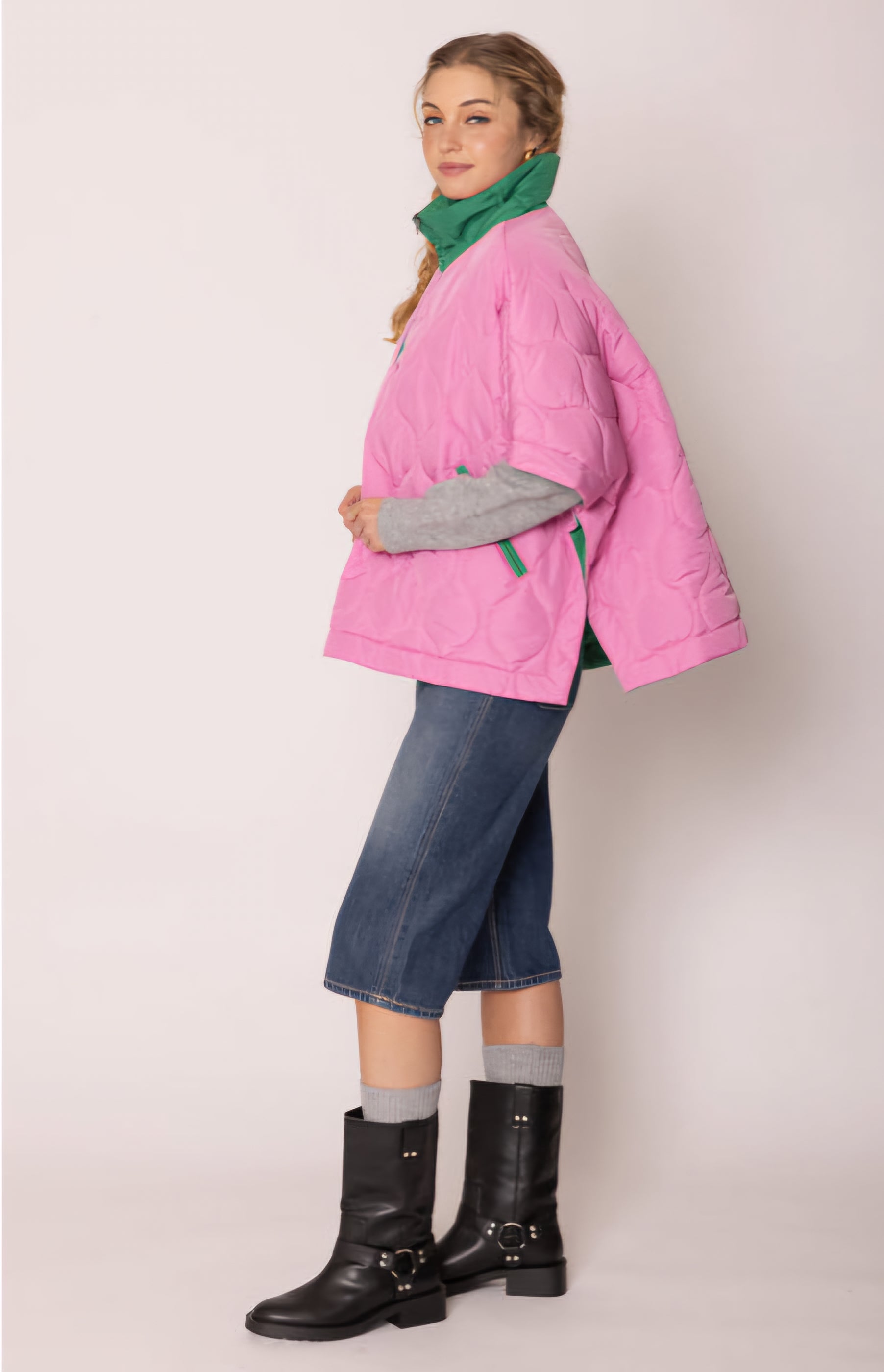 Sorority Quilted Puffer Pink and Green Poncho