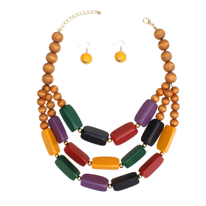 Beaded Necklace Brown Geo Wood Bead Set for Women