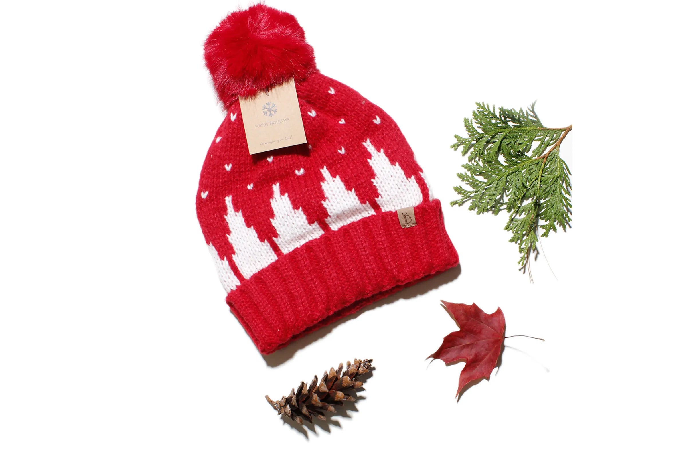 Beanie Hat Acrylic Red Snowing Pom Hat for Women