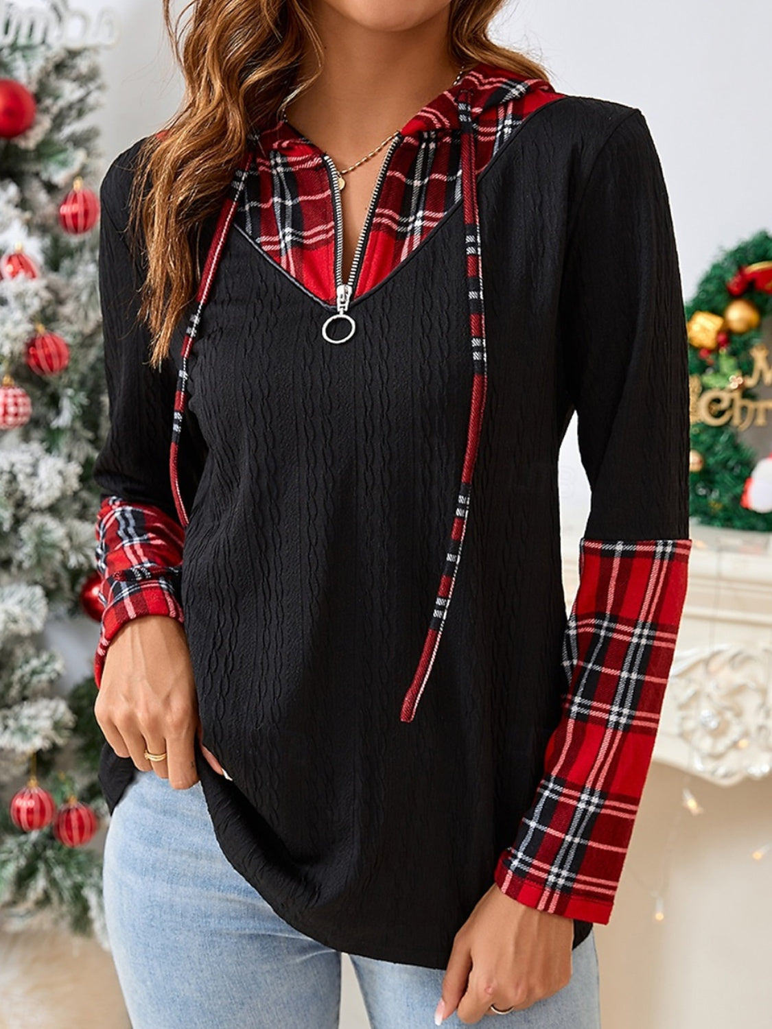 Plaid Quarter Zip Hooded T-Shirt