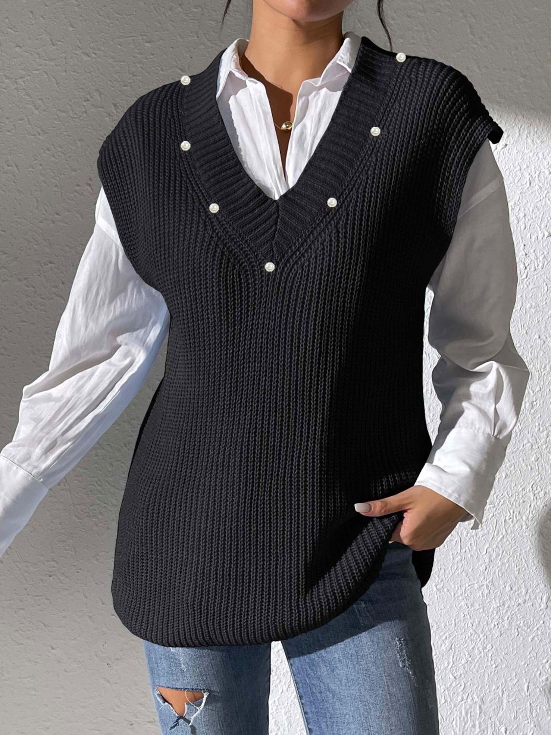 Pearl Trim V-Neck Sweater Vest