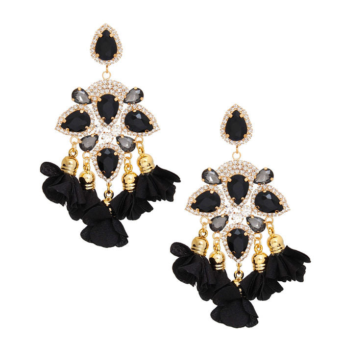 Dangle Black Crystal Petal Tassel Earrings Women