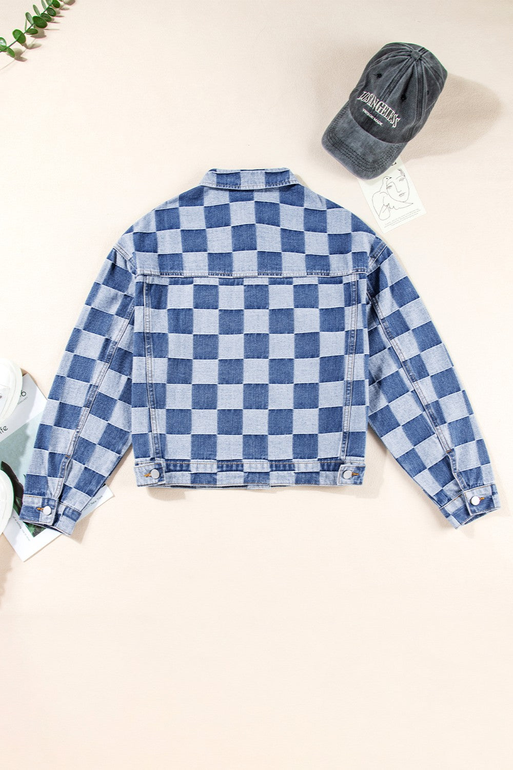 Checkered Button Up Long Sleeve Denim Jacket