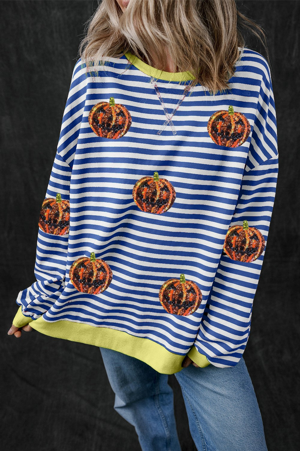 Pumpkin Striped Round Neck Long Sleeve Sweatshirt