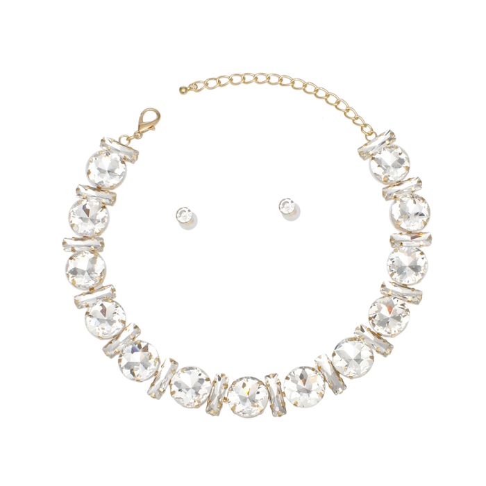 Jeweled Collar Gold Round Baguette Crystal Set