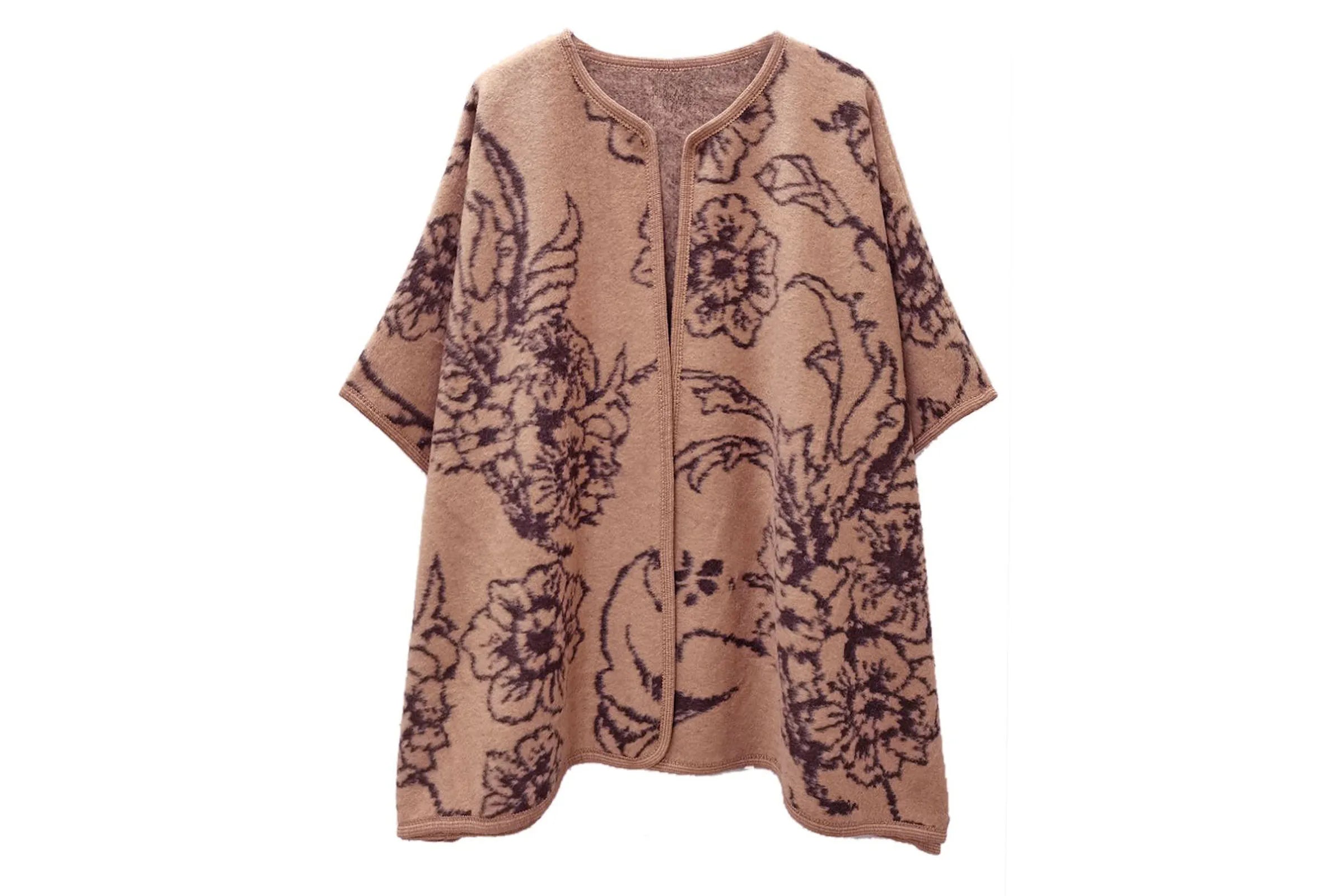 Kimono Ruana Acrylic Camel Flower Knit For Women