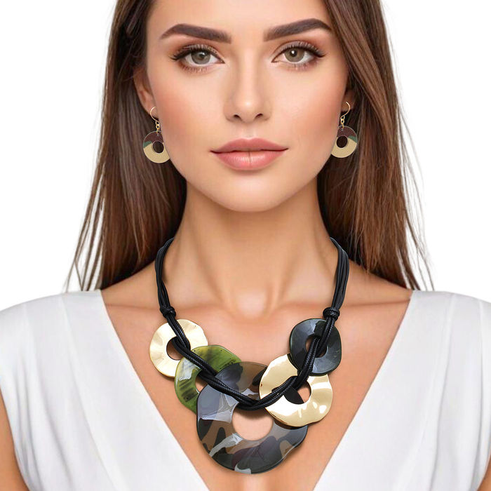 Necklace Black Cord Blue Rings Set for Women