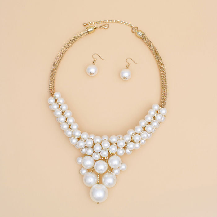 Necklace Cluster Pearl Mesh Chain Set Women