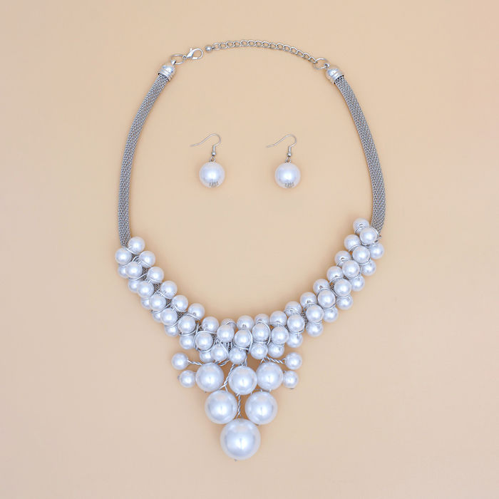 Necklace Cluster Pearl Mesh Chain Set Women