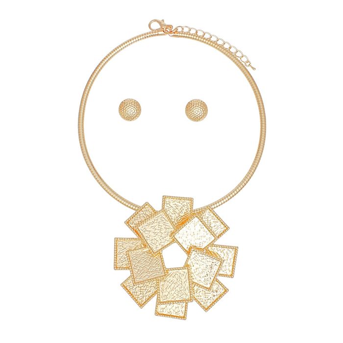 Necklace Gold Stacked Metal Squares Pendant Set