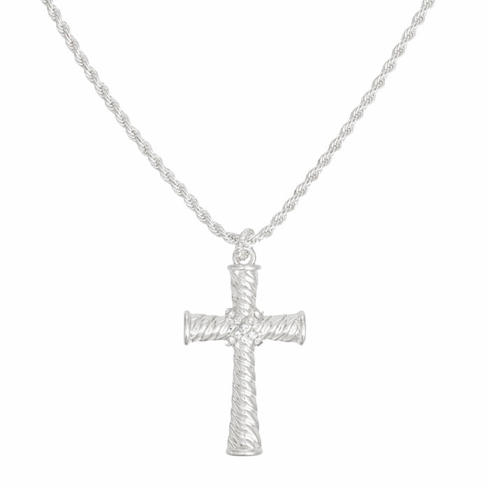 Necklace Silver Rope Chain Ridged Cross for Women