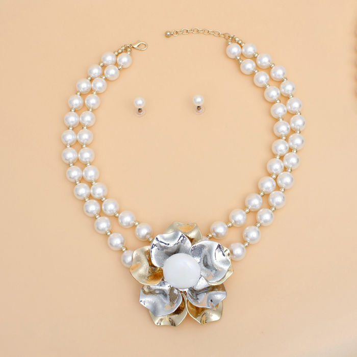 Pearl Necklace Silver Flower Set for Women