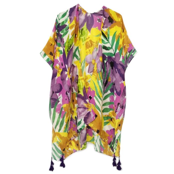 Turquoise Tropical Floral Tassel Kimono