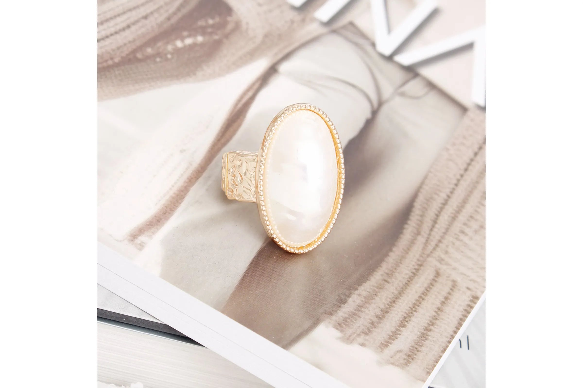 Ring Gold Pearl Oval Cocktail Ring for Women