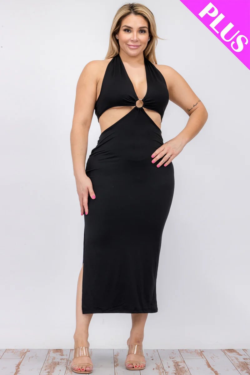 Plus size cut-out halter neck double back tie split thigh midi dress