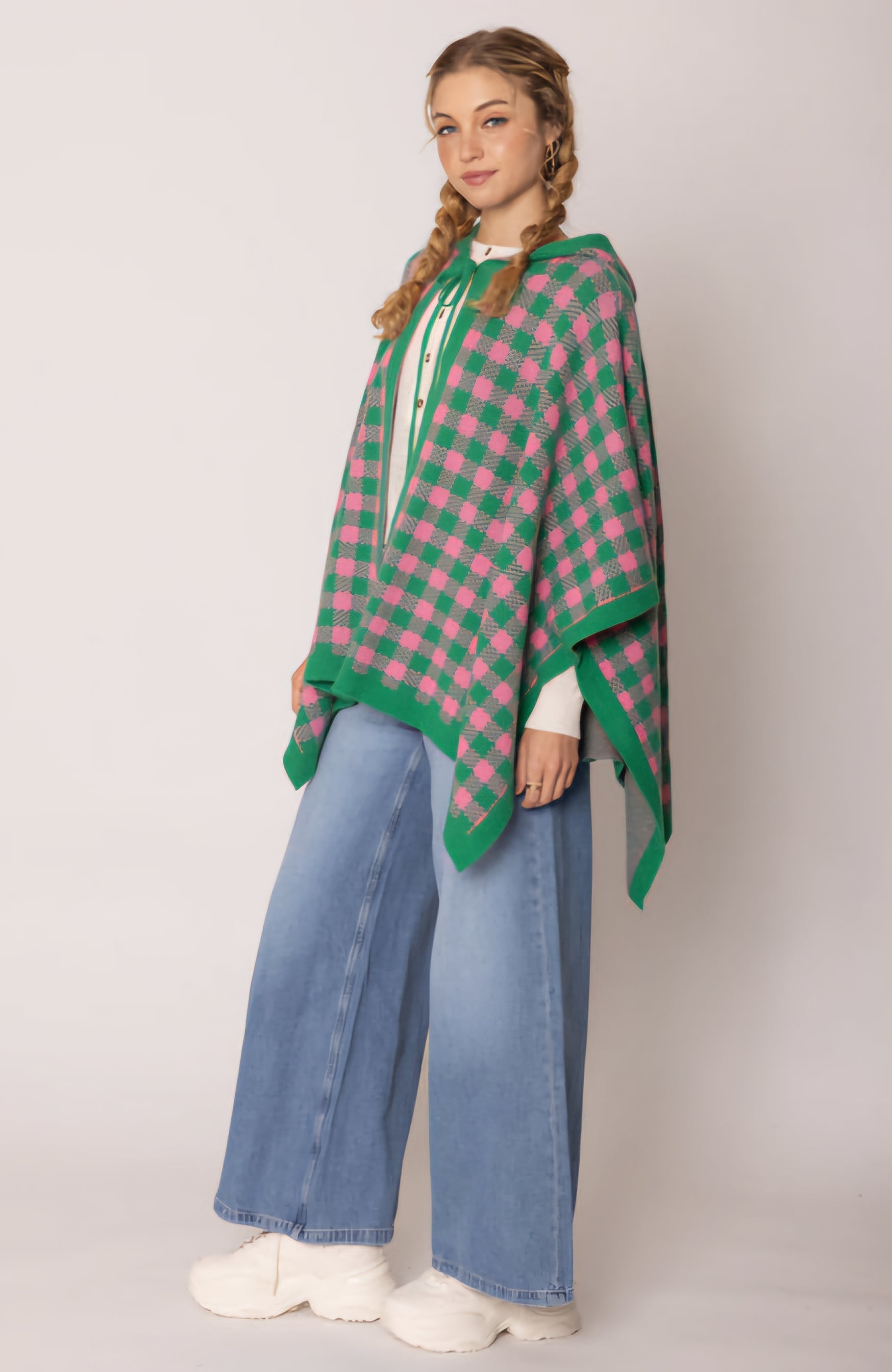 Sorority Checkered Knit Pink and Green Cape