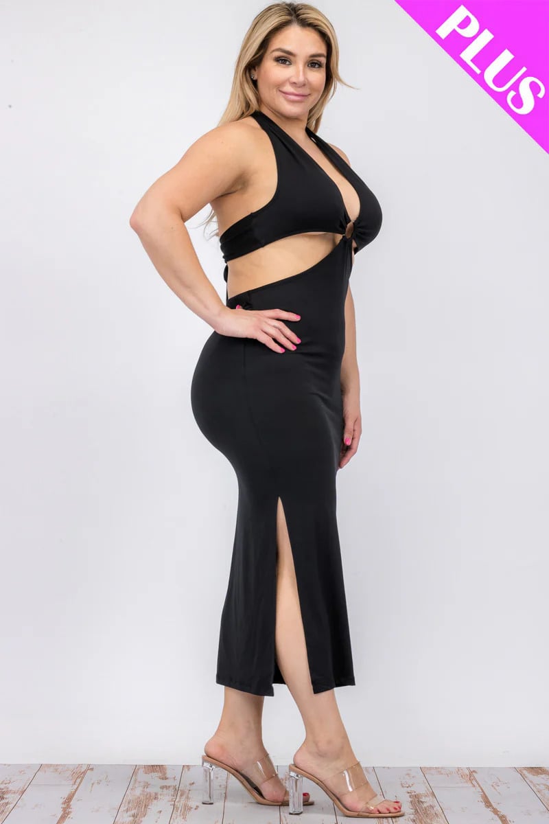 Plus size cut-out halter neck double back tie split thigh midi dress