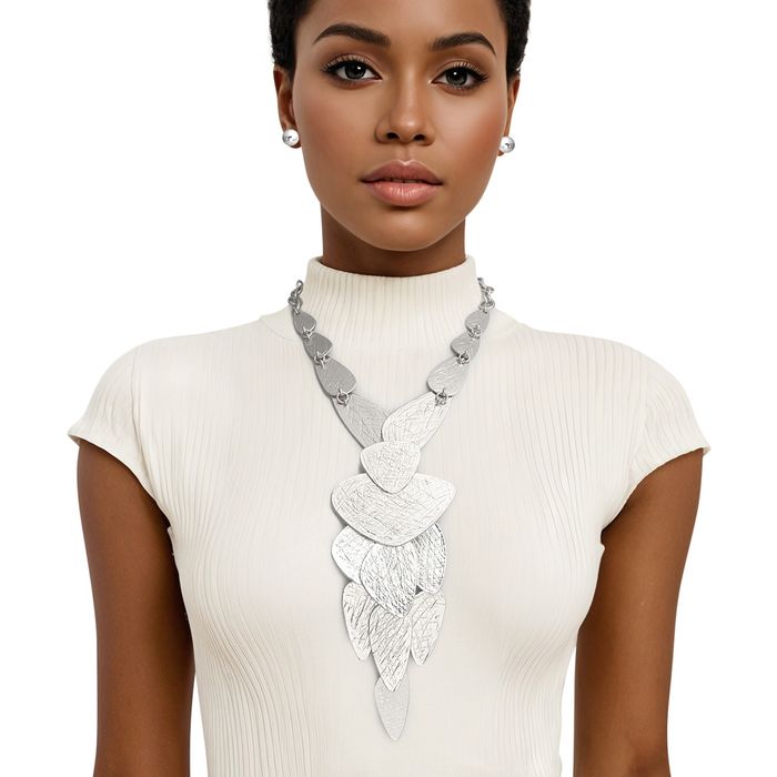 Bib Scratched Metal Plate Edgy Necklace Set