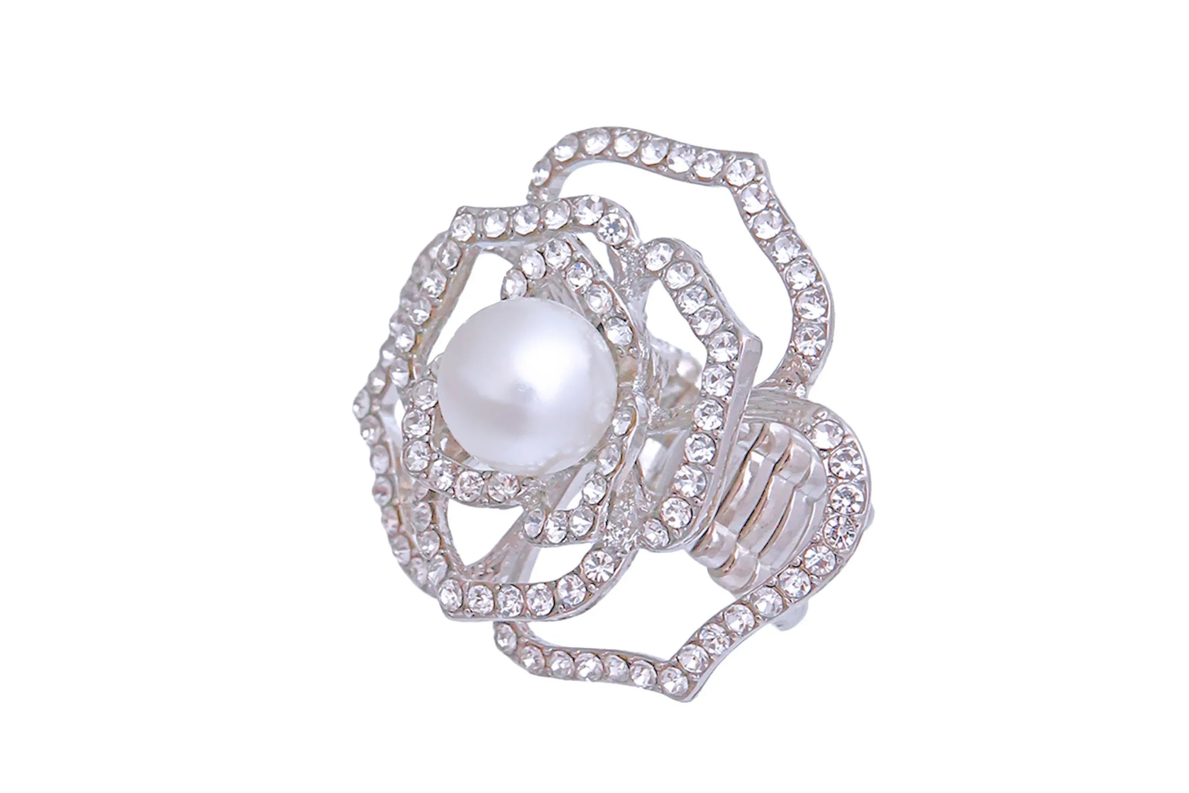 Silver Cut Out Camellia Flower Pearl Ring