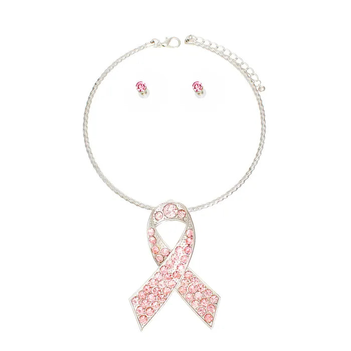 Pink Stone Cancer Ribbon Pendant Collar