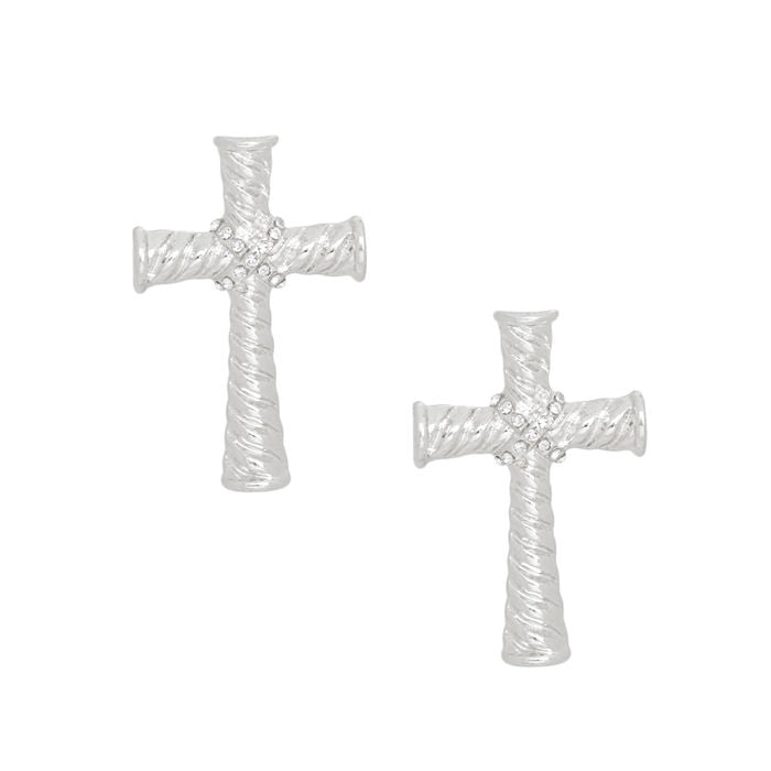 Stud Silver Cross Ridged Texture Earrings Women