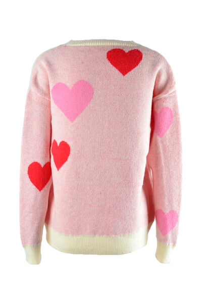 Heart Round Neck Droppped Shoulder Sweater