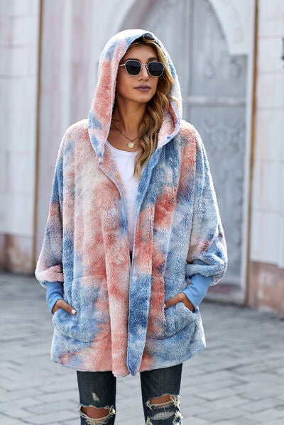 Tie-Dye Plush Hooded Jacket with Pockets