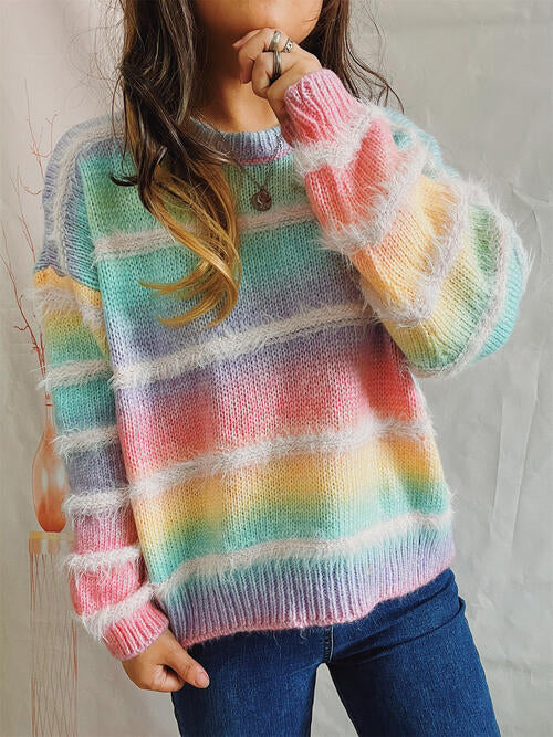 Striped Round Neck Long Sleeve Sweater