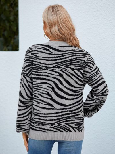 Animal Print Round Neck Dropped Shoulder Sweater