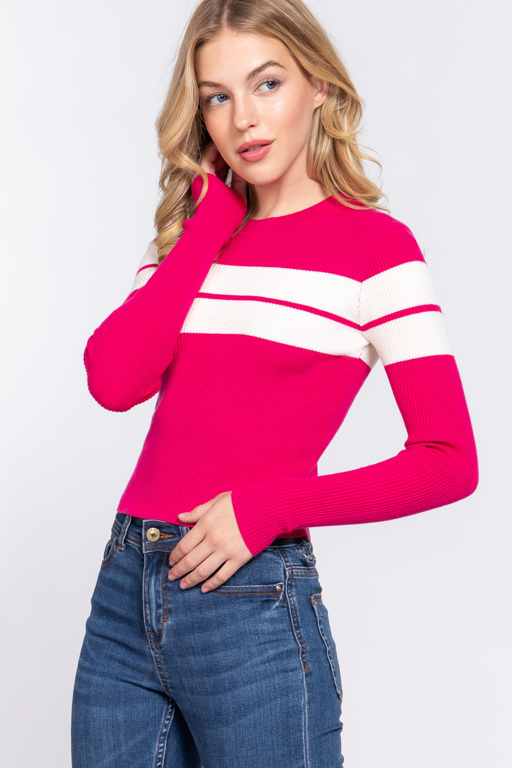 Long Slv Stripe Rib Sweater