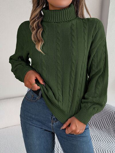 Cable-Knit Turtleneck Dropped Shoulder Sweater